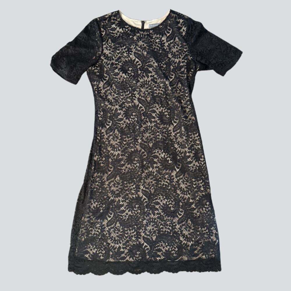 Sharagano Black Lace Overlay Cocktail Dress Nude Lining Short Sleeve Size 12